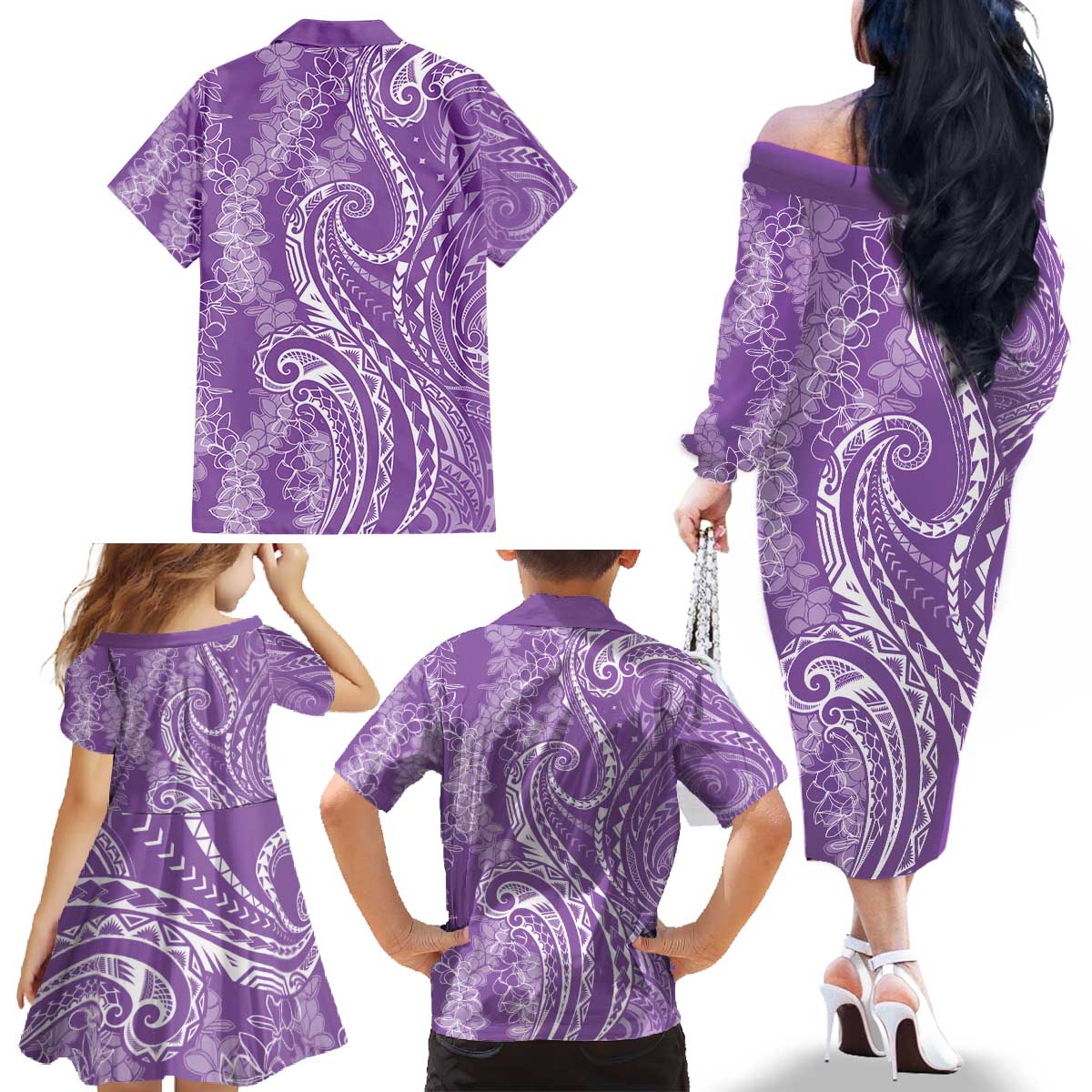 Polynesia Plumeria Lei Family Matching Off The Shoulder Long Sleeve Dress and Hawaiian Shirt Periwinkle Curves Motif