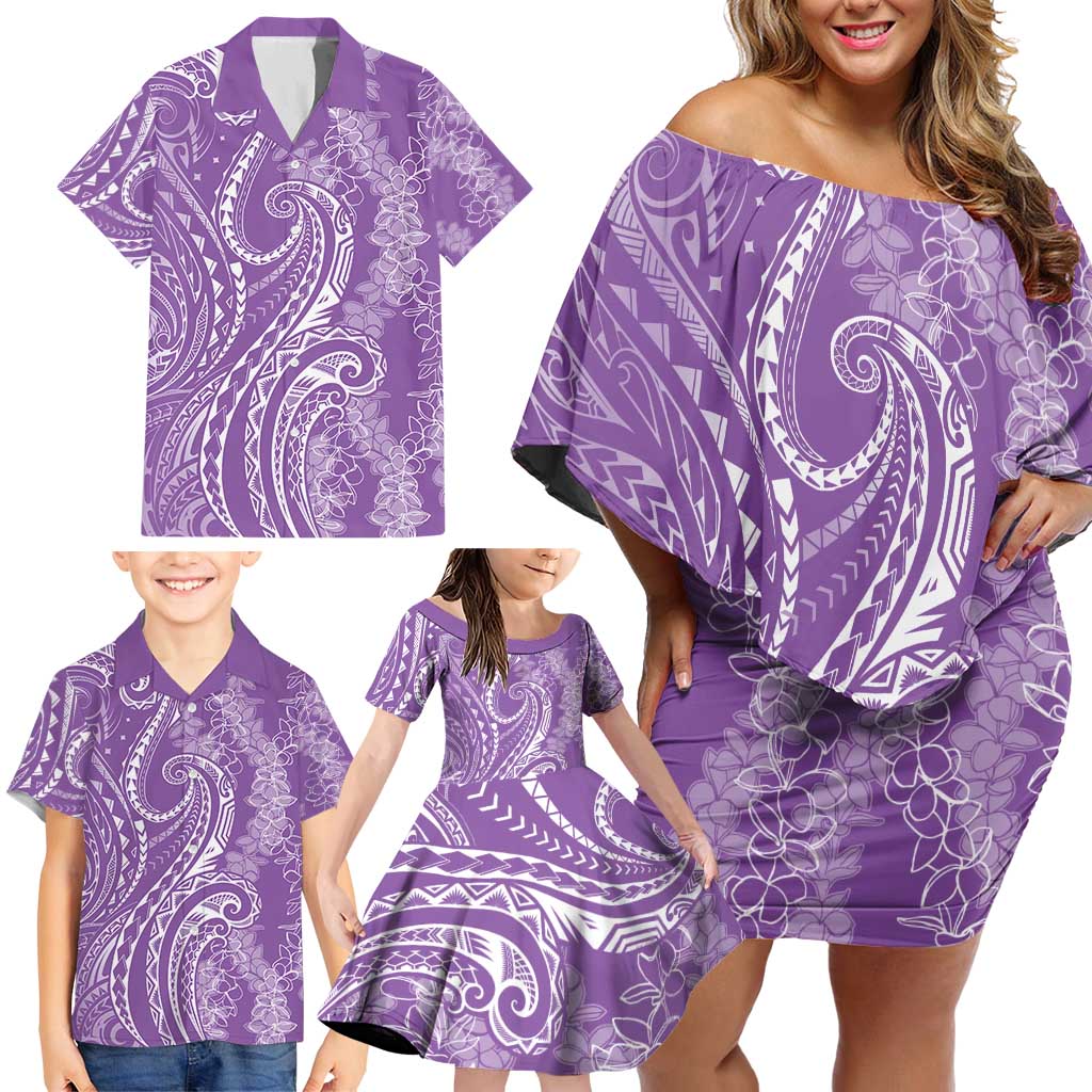 Polynesia Plumeria Lei Family Matching Off Shoulder Short Dress and Hawaiian Shirt Periwinkle Curves Motif