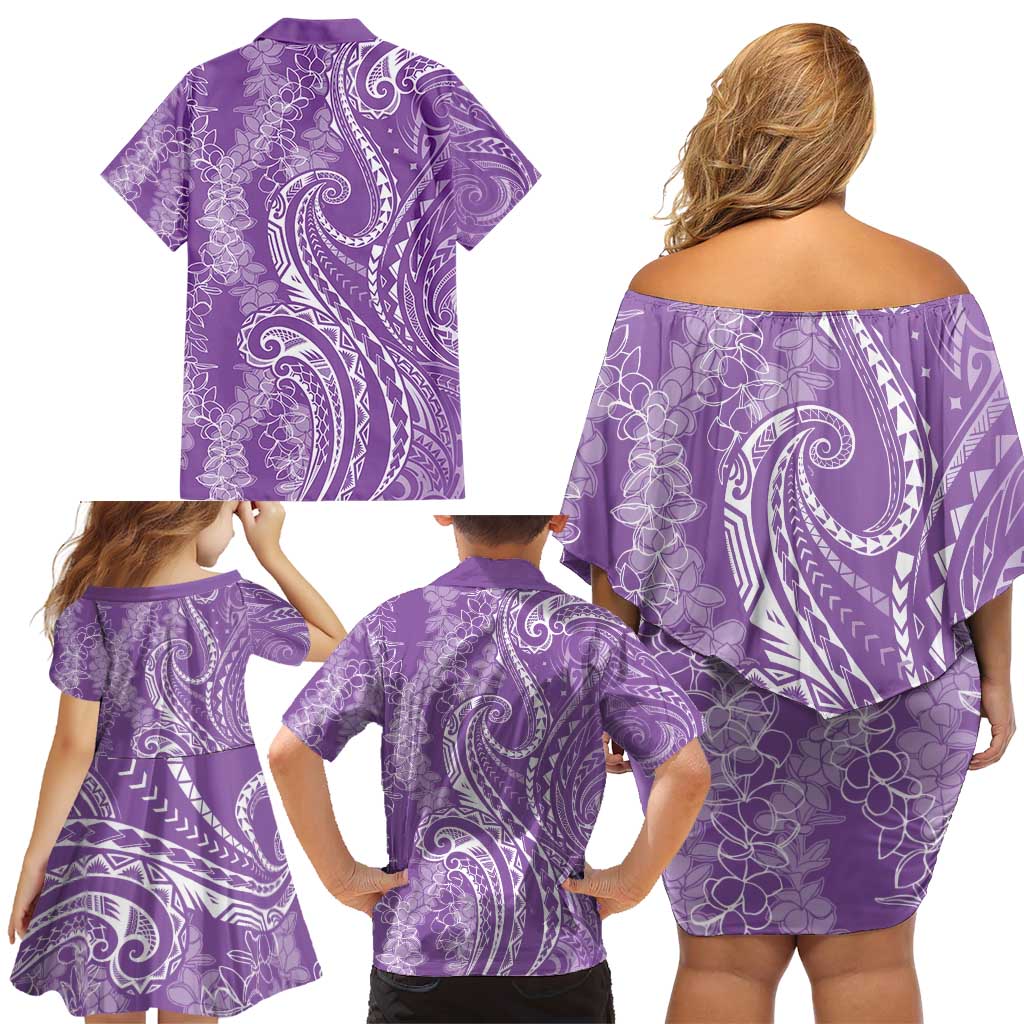 Polynesia Plumeria Lei Family Matching Off Shoulder Short Dress and Hawaiian Shirt Periwinkle Curves Motif