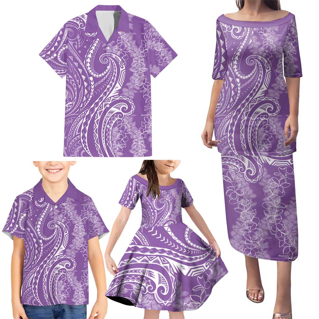 Polynesia Plumeria Lei Family Matching Puletasi and Hawaiian Shirt Periwinkle Curves Motif