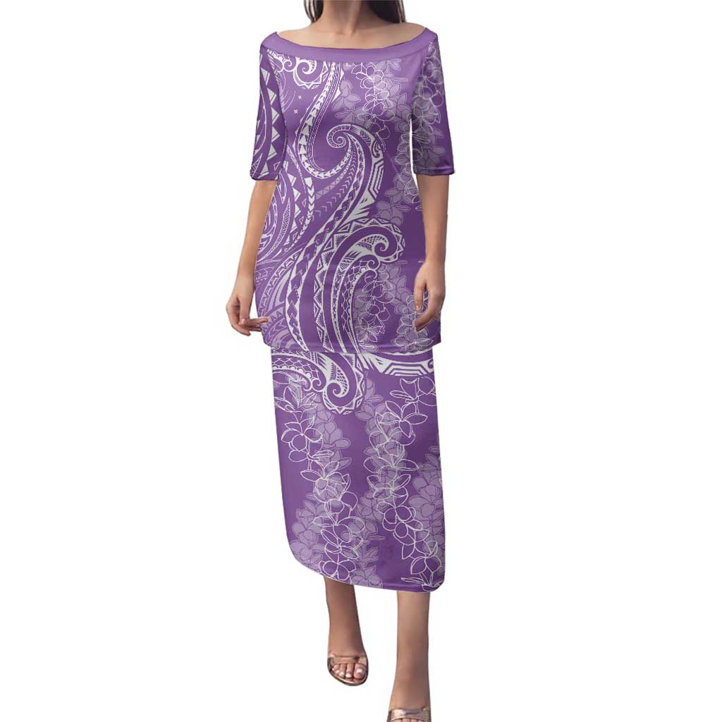 Polynesia Plumeria Lei Family Matching Puletasi and Hawaiian Shirt Periwinkle Curves Motif