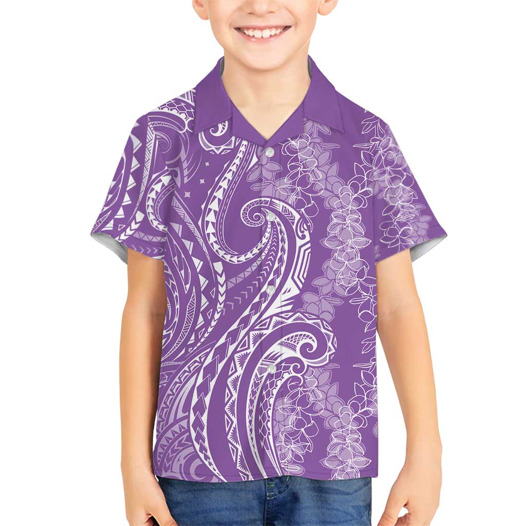 Polynesia Plumeria Lei Family Matching Puletasi and Hawaiian Shirt Periwinkle Curves Motif