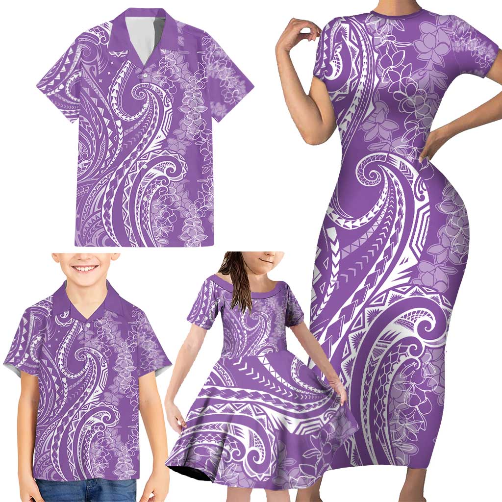 Polynesia Plumeria Lei Family Matching Short Sleeve Bodycon Dress and Hawaiian Shirt Periwinkle Curves Motif