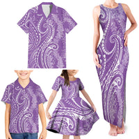 Polynesia Plumeria Lei Family Matching Tank Maxi Dress and Hawaiian Shirt Periwinkle Curves Motif