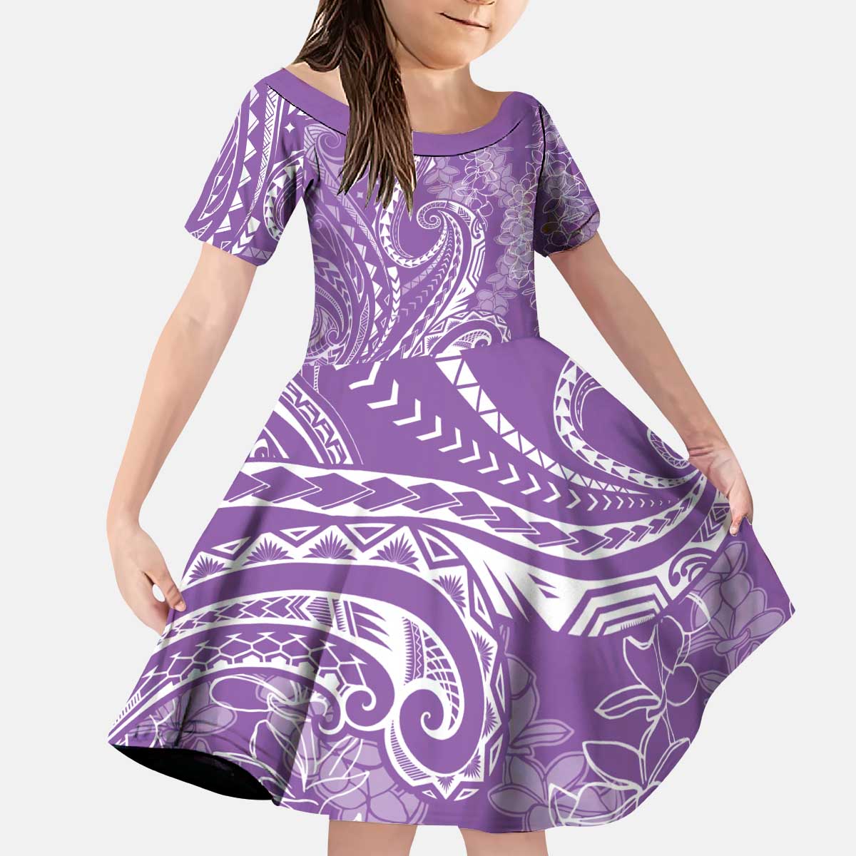 Polynesia Plumeria Lei Kid Short Sleeve Dress Periwinkle Curves Motif