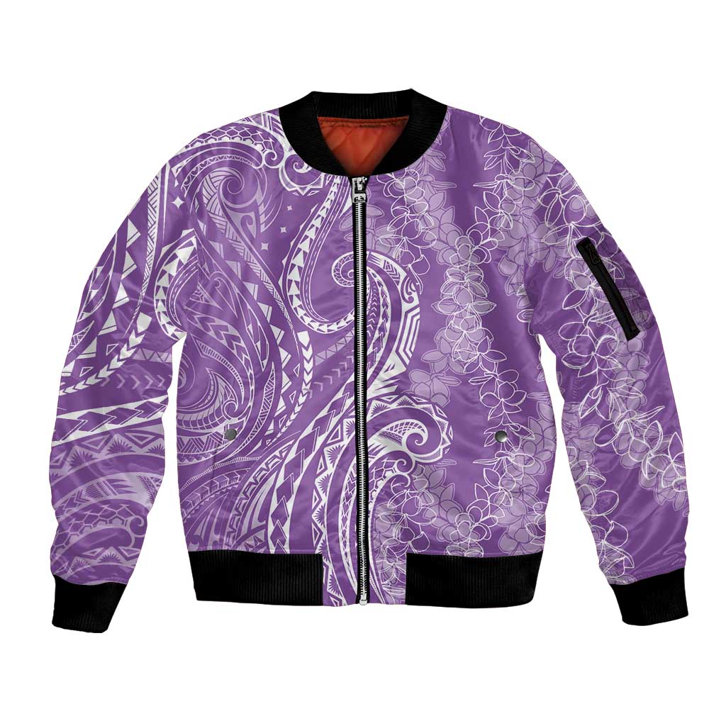 Polynesia Plumeria Lei Sleeve Zip Bomber Jacket Periwinkle Curves Motif