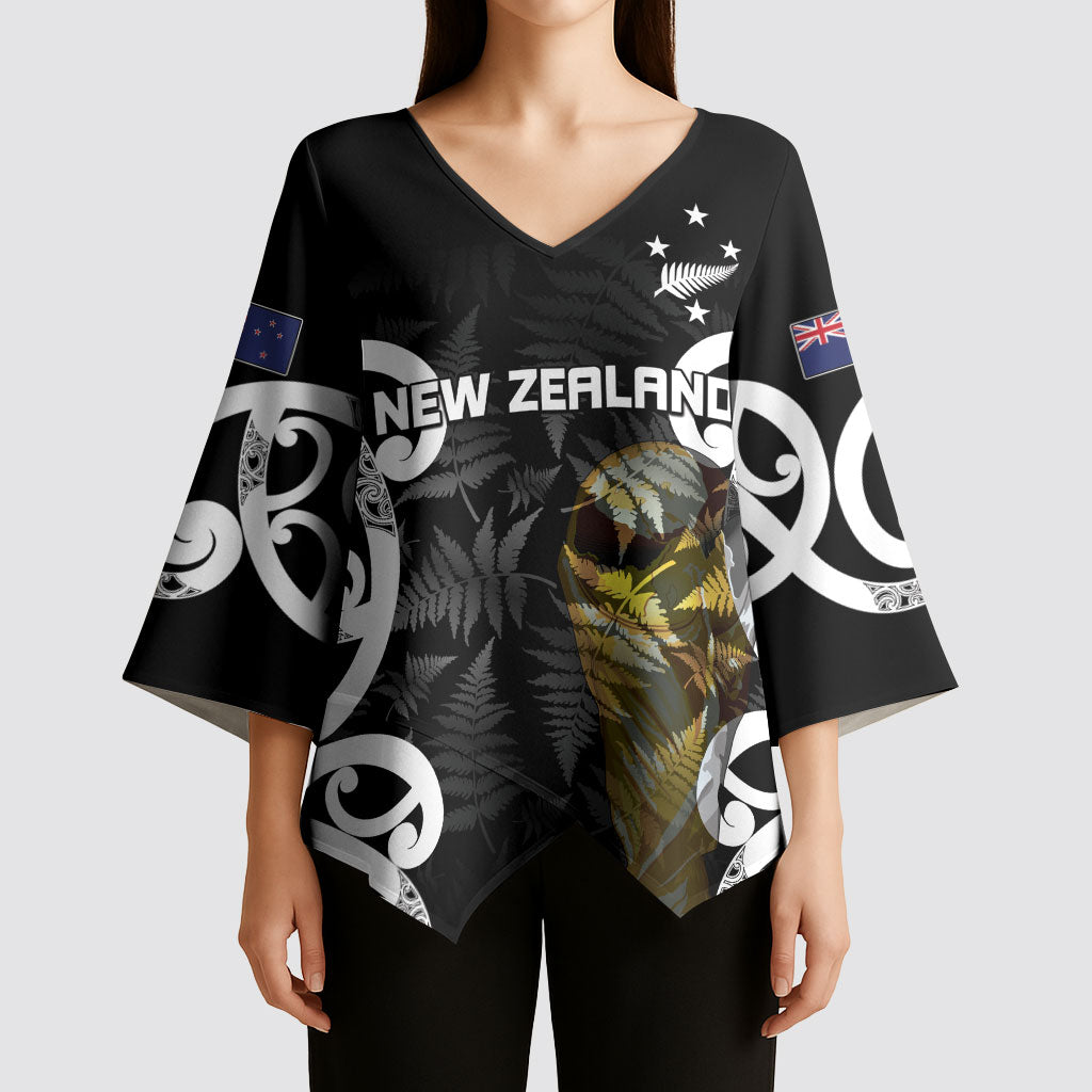 New Zealand WC2026 Custom Black Kimono Sleeve Blouse Silver Fern LT7 - Polynesian Pride