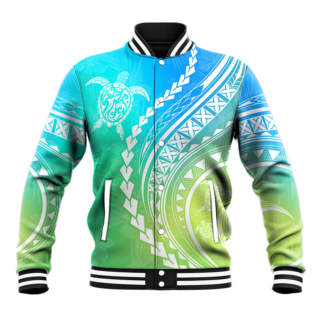 Polynesian Pride Baseball Jacket Turtle Hibiscus Luxury Style - Gradient Blue LT7 Unisex Blue Green - Polynesian Pride