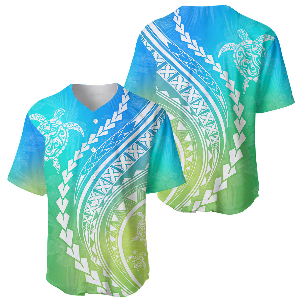 Polynesian Pride Baseball Jersey Turtle Hibiscus Luxury Style - Gradient Blue LT7 - Polynesian Pride