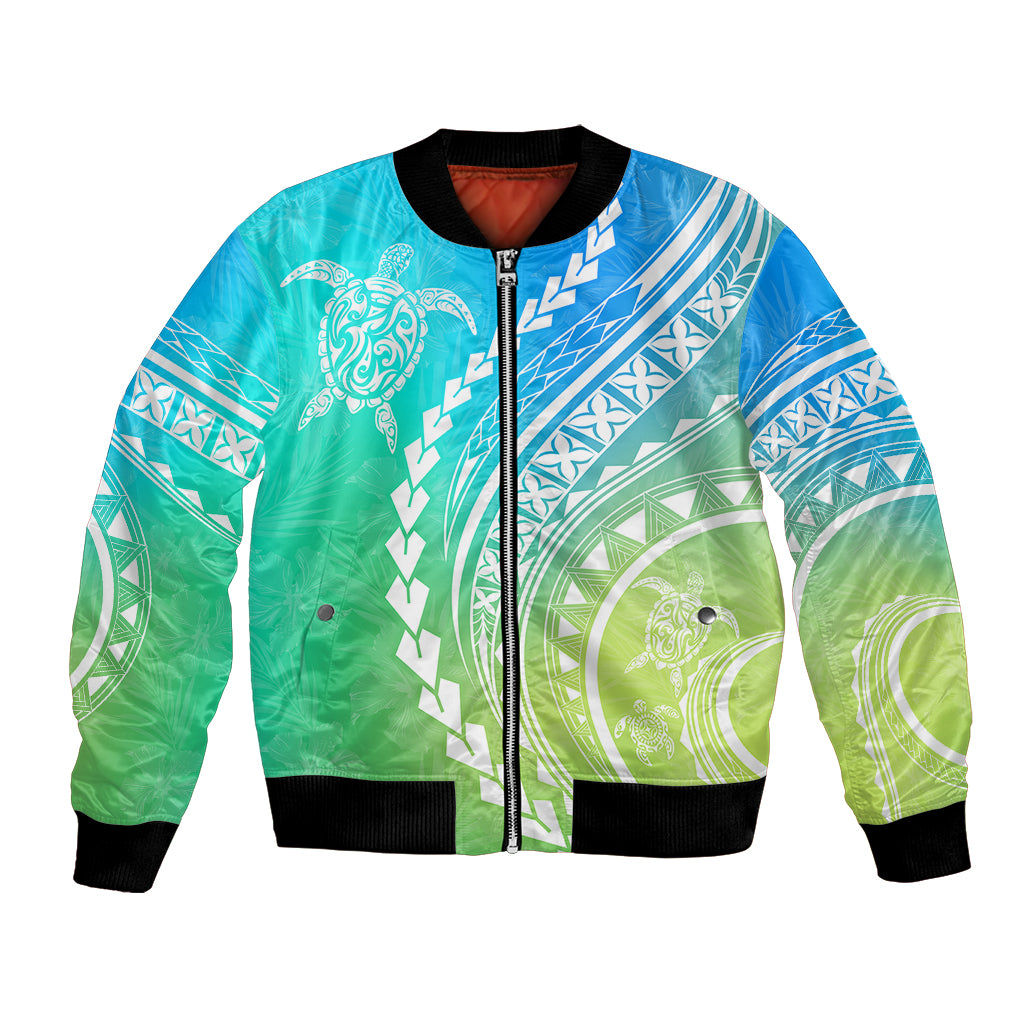 Polynesian Pride Bomber Jacket Turtle Hibiscus Luxury Style - Gradient Blue LT7 Unisex Blue Green - Polynesian Pride