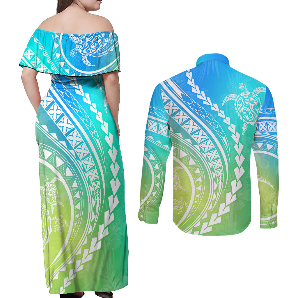 Polynesian Pride Couples Matching Off Shoulder Maxi Dress and Long Sleeve Button Shirts Turtle Hibiscus Luxury Style - Gradient Blue LT7 - Polynesian Pride
