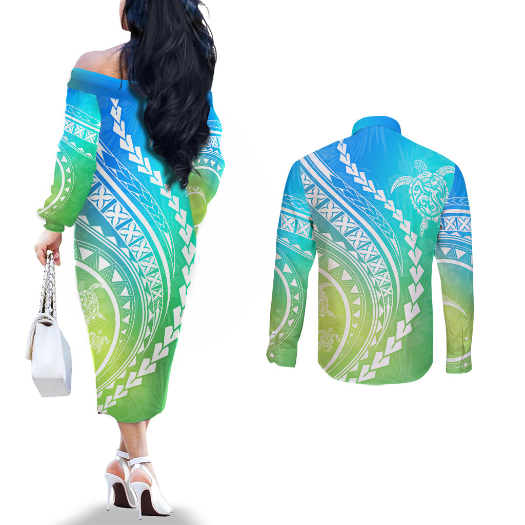 Polynesian Pride Couples Matching Off The Shoulder Long Sleeve Dress and Long Sleeve Button Shirts Turtle Hibiscus Luxury Style - Gradient Blue LT7 - Polynesian Pride