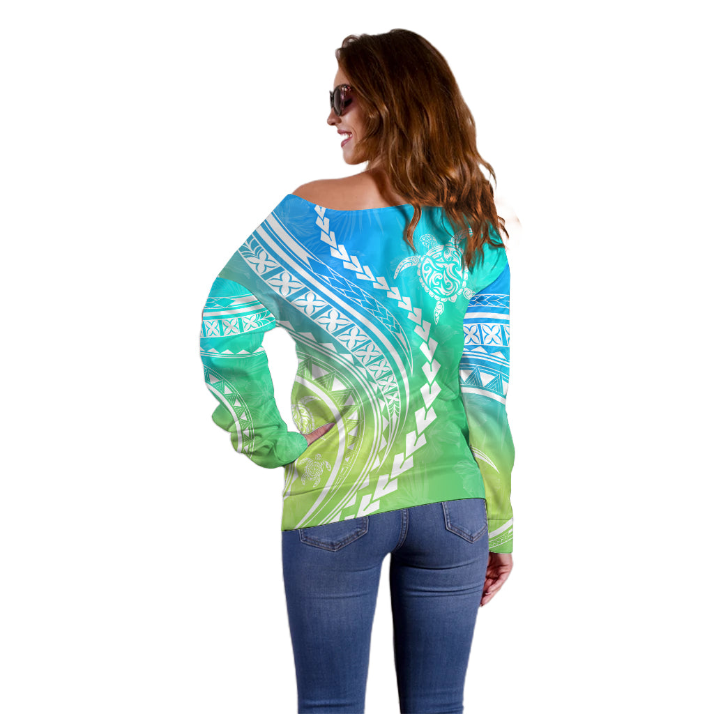 Polynesian Pride Off Shoulder Sweater Turtle Hibiscus Luxury Style - Gradient Blue LT7 - Polynesian Pride