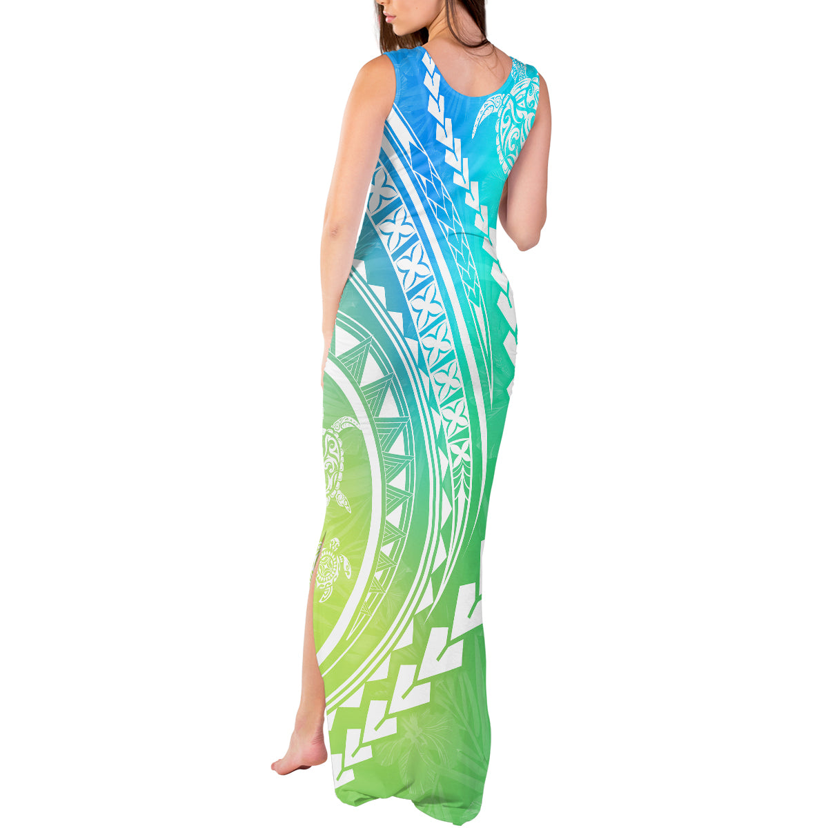 Polynesian Pride Tank Maxi Dress Turtle Hibiscus Luxury Style - Gradient Blue LT7 - Polynesian Pride