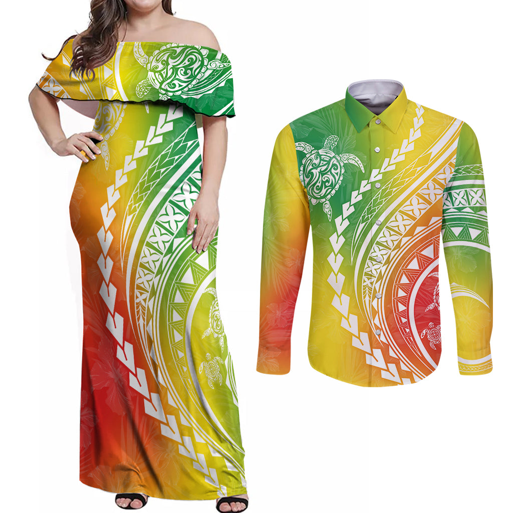 Polynesian Pride Couples Matching Off Shoulder Maxi Dress and Long Sleeve Button Shirts Turtle Hibiscus Luxury Style - Reggae LT7 Reggae - Polynesian Pride