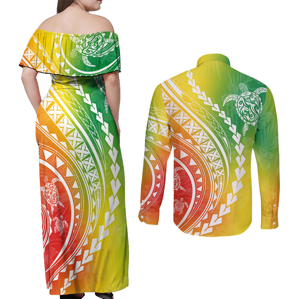 Polynesian Pride Couples Matching Off Shoulder Maxi Dress and Long Sleeve Button Shirts Turtle Hibiscus Luxury Style - Reggae LT7 - Polynesian Pride