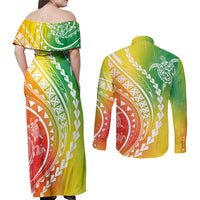 Polynesian Pride Couples Matching Off Shoulder Maxi Dress and Long Sleeve Button Shirts Turtle Hibiscus Luxury Style - Reggae LT7 - Polynesian Pride