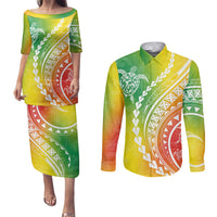 Polynesian Pride Couples Matching Puletasi Dress and Long Sleeve Button Shirts Turtle Hibiscus Luxury Style - Reggae LT7 Reggae - Polynesian Pride