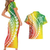 Polynesian Pride Couples Matching Short Sleeve Bodycon Dress and Hawaiian Shirt Turtle Hibiscus Luxury Style - Reggae LT7 - Polynesian Pride