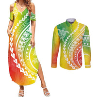 Polynesian Pride Couples Matching Summer Maxi Dress and Long Sleeve Button Shirts Turtle Hibiscus Luxury Style - Reggae LT7 Reggae - Polynesian Pride