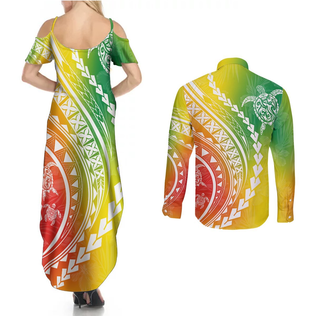 Polynesian Pride Couples Matching Summer Maxi Dress and Long Sleeve Button Shirts Turtle Hibiscus Luxury Style - Reggae LT7 - Polynesian Pride