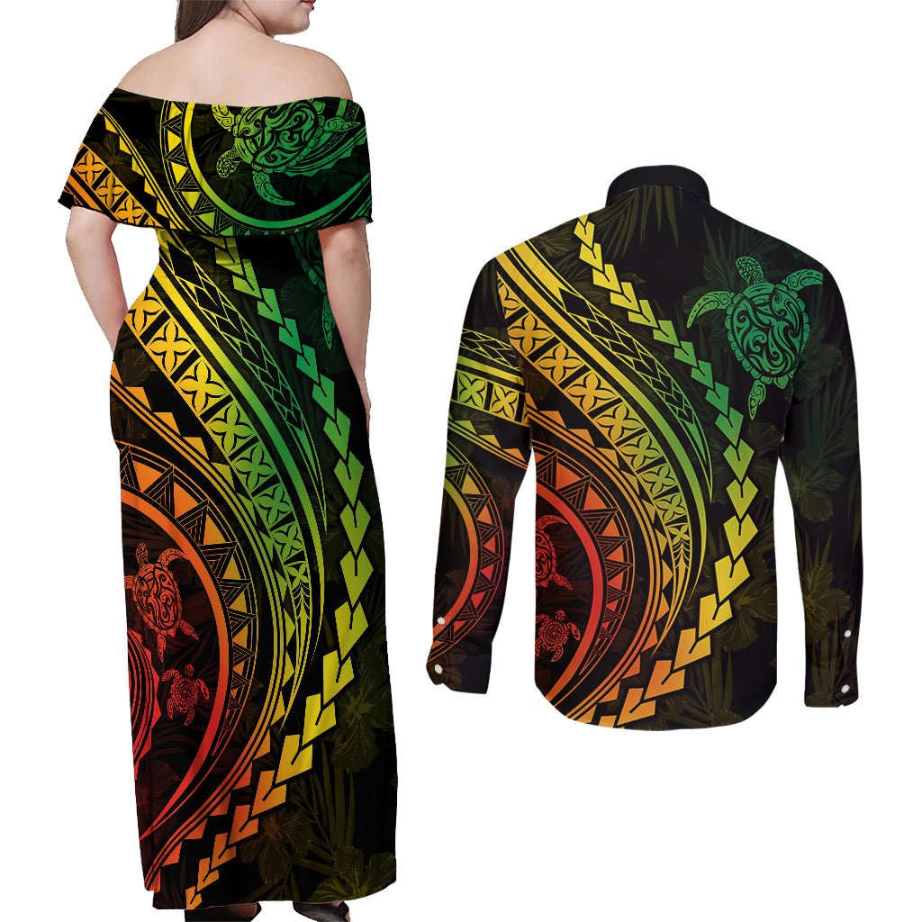 Polynesian Pride Couples Matching Off Shoulder Maxi Dress and Long Sleeve Button Shirts Turtle Hibiscus Luxury Style - Reggae Ver2 LT7 - Polynesian Pride
