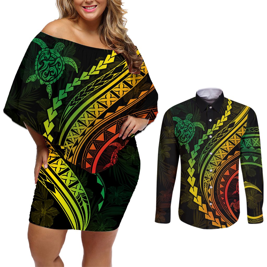 Polynesian Pride Couples Matching Off Shoulder Short Dress and Long Sleeve Button Shirts Turtle Hibiscus Luxury Style - Reggae Ver2 LT7 Reggae - Polynesian Pride
