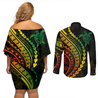 Polynesian Pride Couples Matching Off Shoulder Short Dress and Long Sleeve Button Shirts Turtle Hibiscus Luxury Style - Reggae Ver2 LT7 - Polynesian Pride