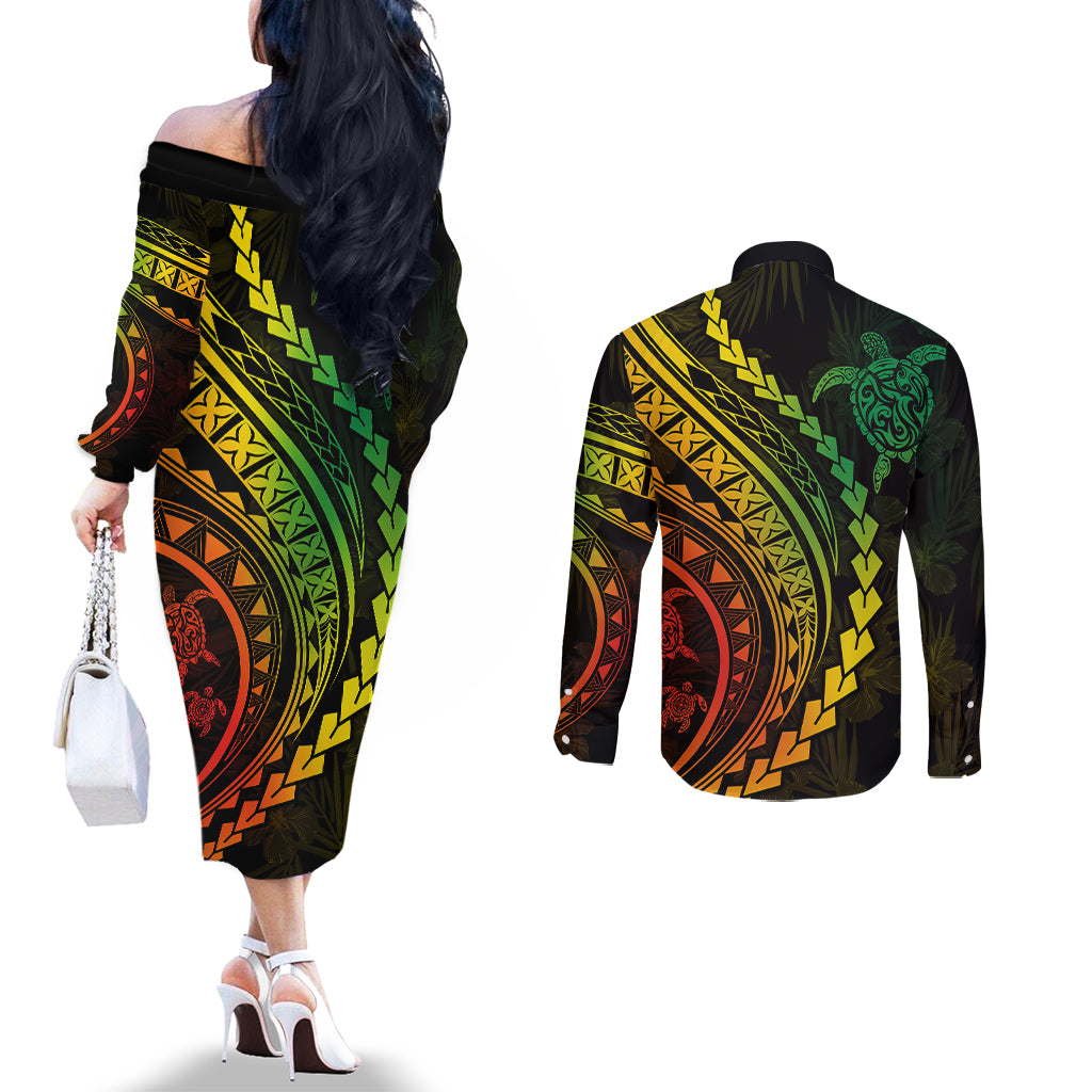 Polynesian Pride Couples Matching Off The Shoulder Long Sleeve Dress and Long Sleeve Button Shirts Turtle Hibiscus Luxury Style - Reggae Ver2 LT7 - Polynesian Pride