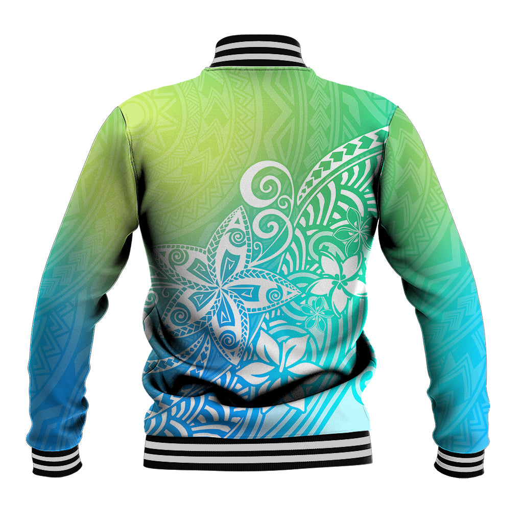 Polynesia Baseball Jacket Plumeria Blue Gradient Curves LT7 - Polynesian Pride