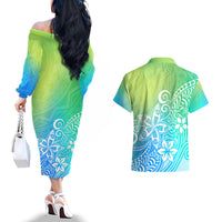 Polynesia Couples Matching Off The Shoulder Long Sleeve Dress and Hawaiian Shirt Plumeria Blue Gradient Curves LT7 - Polynesian Pride