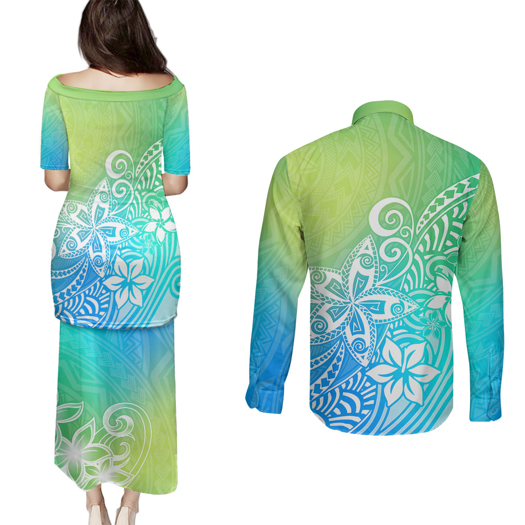 Polynesia Couples Matching Puletasi Dress and Long Sleeve Button Shirts Plumeria Blue Gradient Curves LT7 - Polynesian Pride