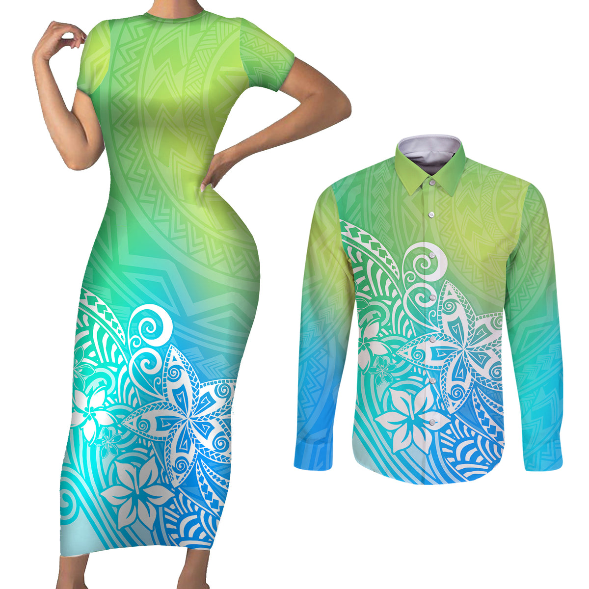 Polynesia Couples Matching Short Sleeve Bodycon Dress and Long Sleeve Button Shirts Plumeria Blue Gradient Curves LT7 Blue Green - Polynesian Pride