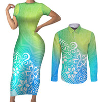 Polynesia Couples Matching Short Sleeve Bodycon Dress and Long Sleeve Button Shirts Plumeria Blue Gradient Curves LT7 Blue Green - Polynesian Pride
