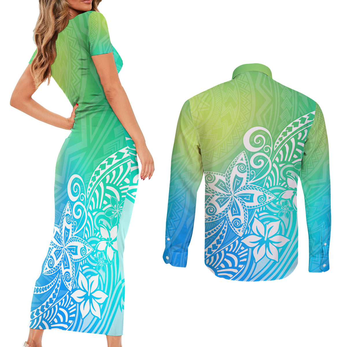 Polynesia Couples Matching Short Sleeve Bodycon Dress and Long Sleeve Button Shirts Plumeria Blue Gradient Curves LT7 - Polynesian Pride