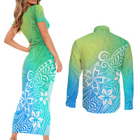 Polynesia Couples Matching Short Sleeve Bodycon Dress and Long Sleeve Button Shirts Plumeria Blue Gradient Curves LT7 - Polynesian Pride