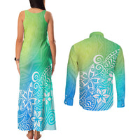 Polynesia Couples Matching Tank Maxi Dress and Long Sleeve Button Shirts Plumeria Blue Gradient Curves LT7 - Polynesian Pride