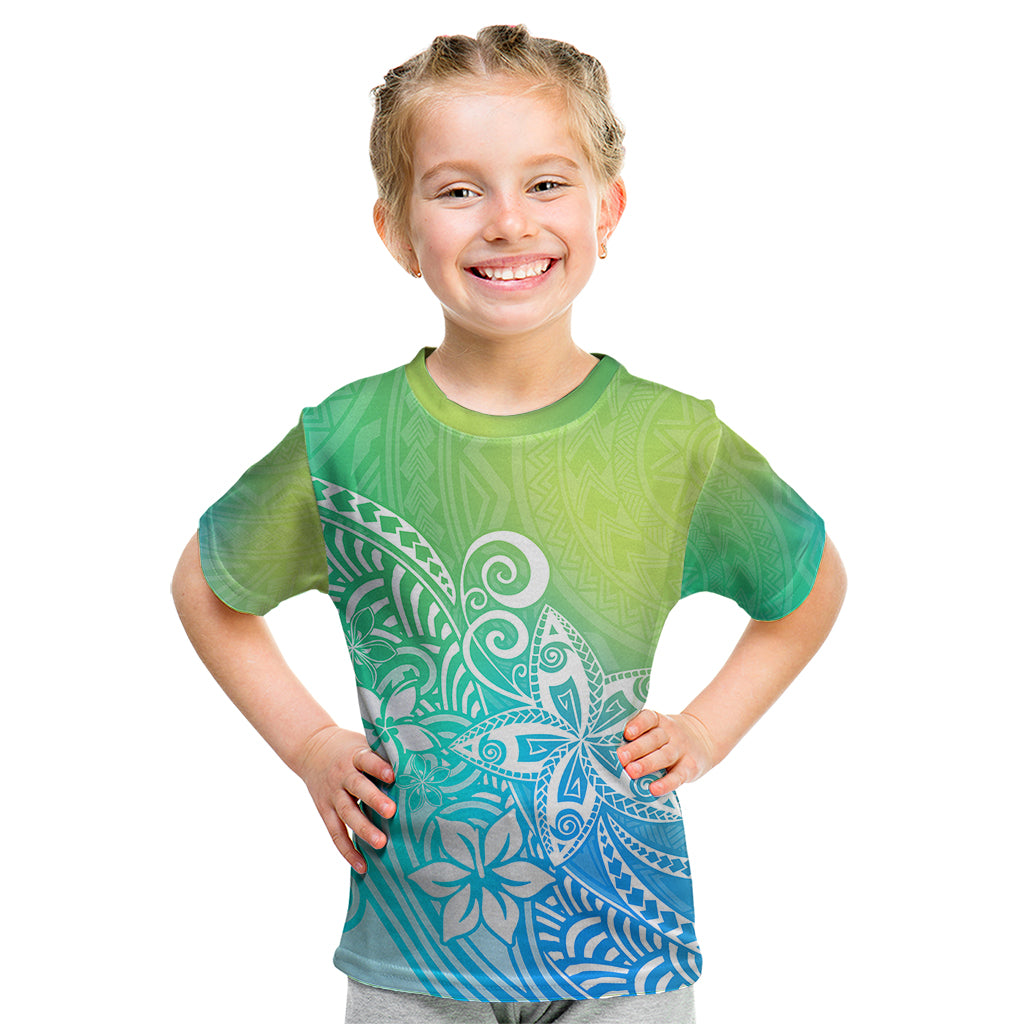 Polynesia Kid T Shirt Plumeria Blue Gradient Curves LT7 Blue Green - Polynesian Pride