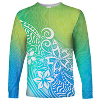Polynesia Long Sleeve Shirt Plumeria Blue Gradient Curves LT7 Unisex Blue Green - Polynesian Pride