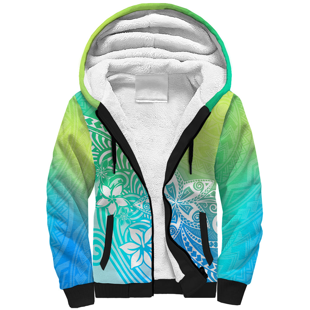 Polynesia Sherpa Hoodie Plumeria Blue Gradient Curves LT7 Unisex Blue Green - Polynesian Pride