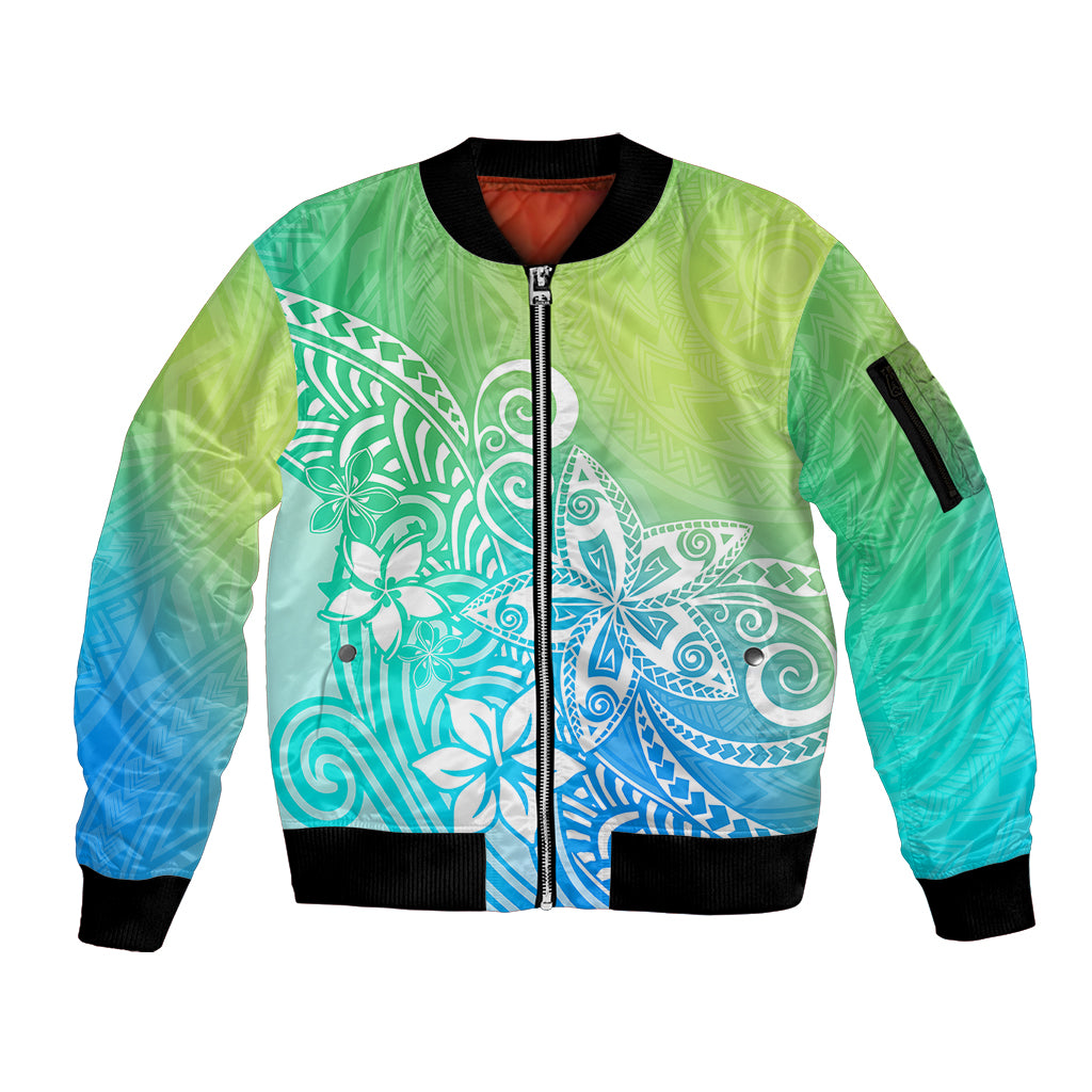 Polynesia Sleeve Zip Bomber Jacket Plumeria Blue Gradient Curves LT7 Unisex Blue Green - Polynesian Pride