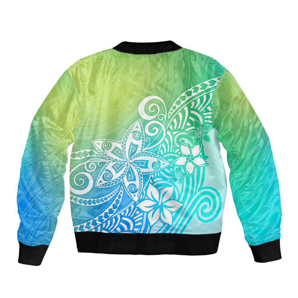 Polynesia Sleeve Zip Bomber Jacket Plumeria Blue Gradient Curves LT7 - Polynesian Pride