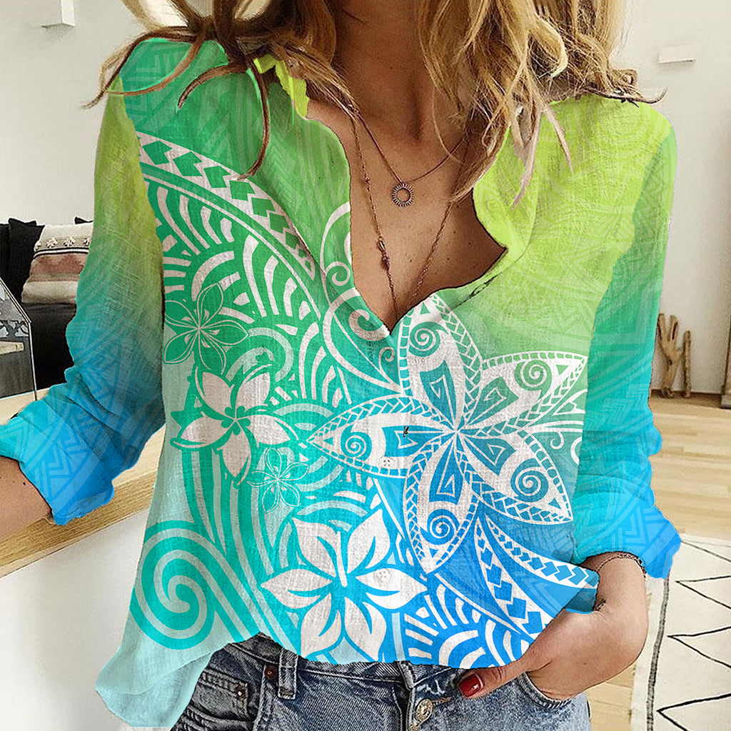 Polynesia Women Casual Shirt Plumeria Blue Gradient Curves LT7 Female Blue Green - Polynesian Pride