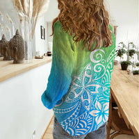 Polynesia Women Casual Shirt Plumeria Blue Gradient Curves LT7 - Polynesian Pride