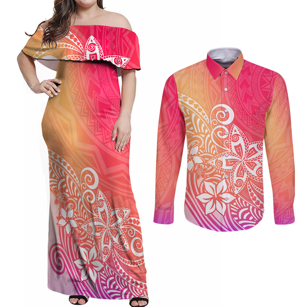Polynesia Couples Matching Off Shoulder Maxi Dress and Long Sleeve Button Shirts Plumeria Pink Gradient Curves LT7 Pink - Polynesian Pride