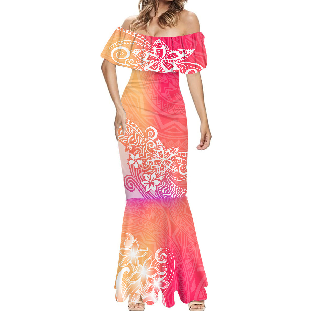 Polynesia Mermaid Dress Plumeria Pink Gradient Curves LT7 - Polynesian Pride