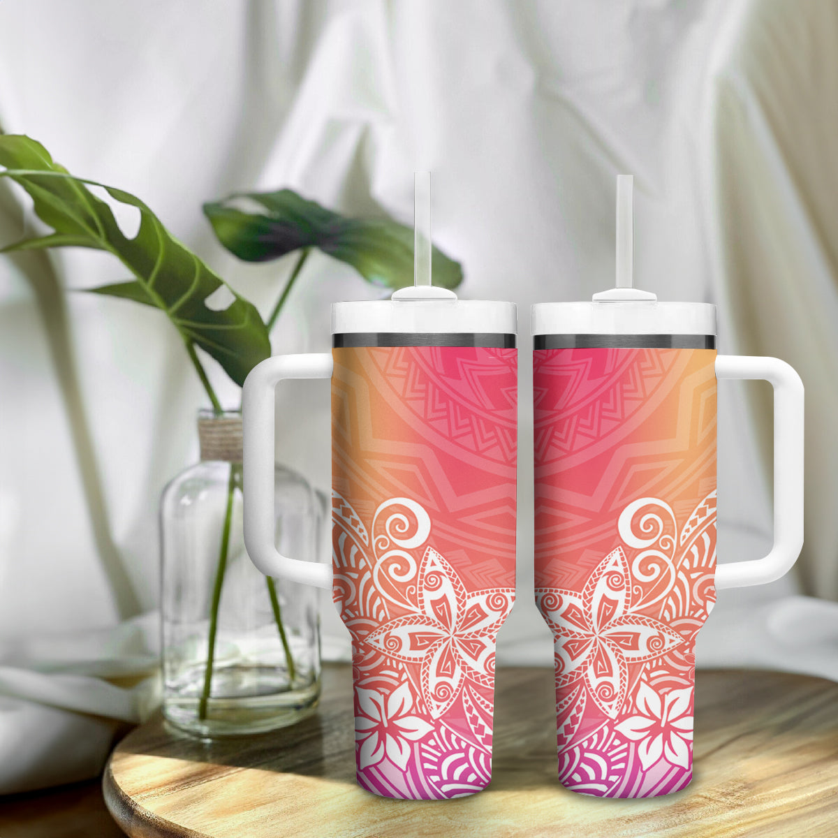 Polynesia Tumbler With Handle Plumeria Pink Gradient Curves