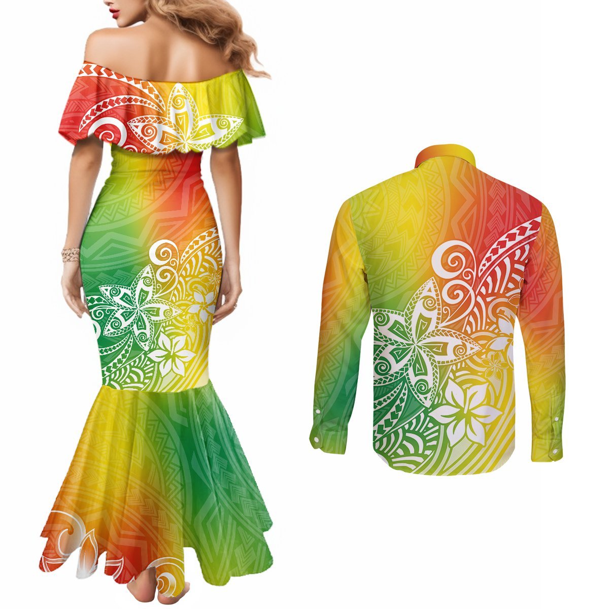 Polynesia Couples Matching Mermaid Dress and Long Sleeve Button Shirts Plumeria Reggae Curves LT7 - Polynesian Pride