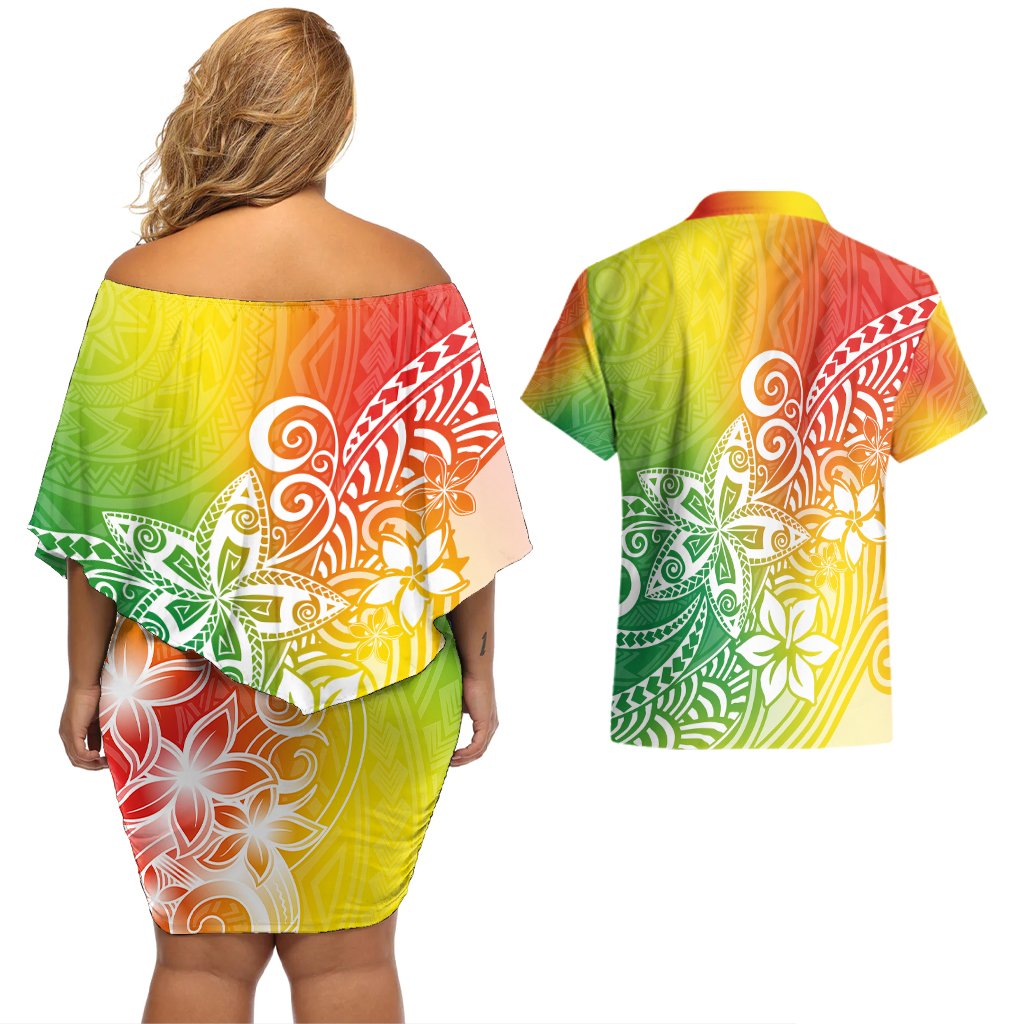 Polynesia Couples Matching Off Shoulder Short Dress and Hawaiian Shirt Plumeria Reggae Curves LT7 - Polynesian Pride
