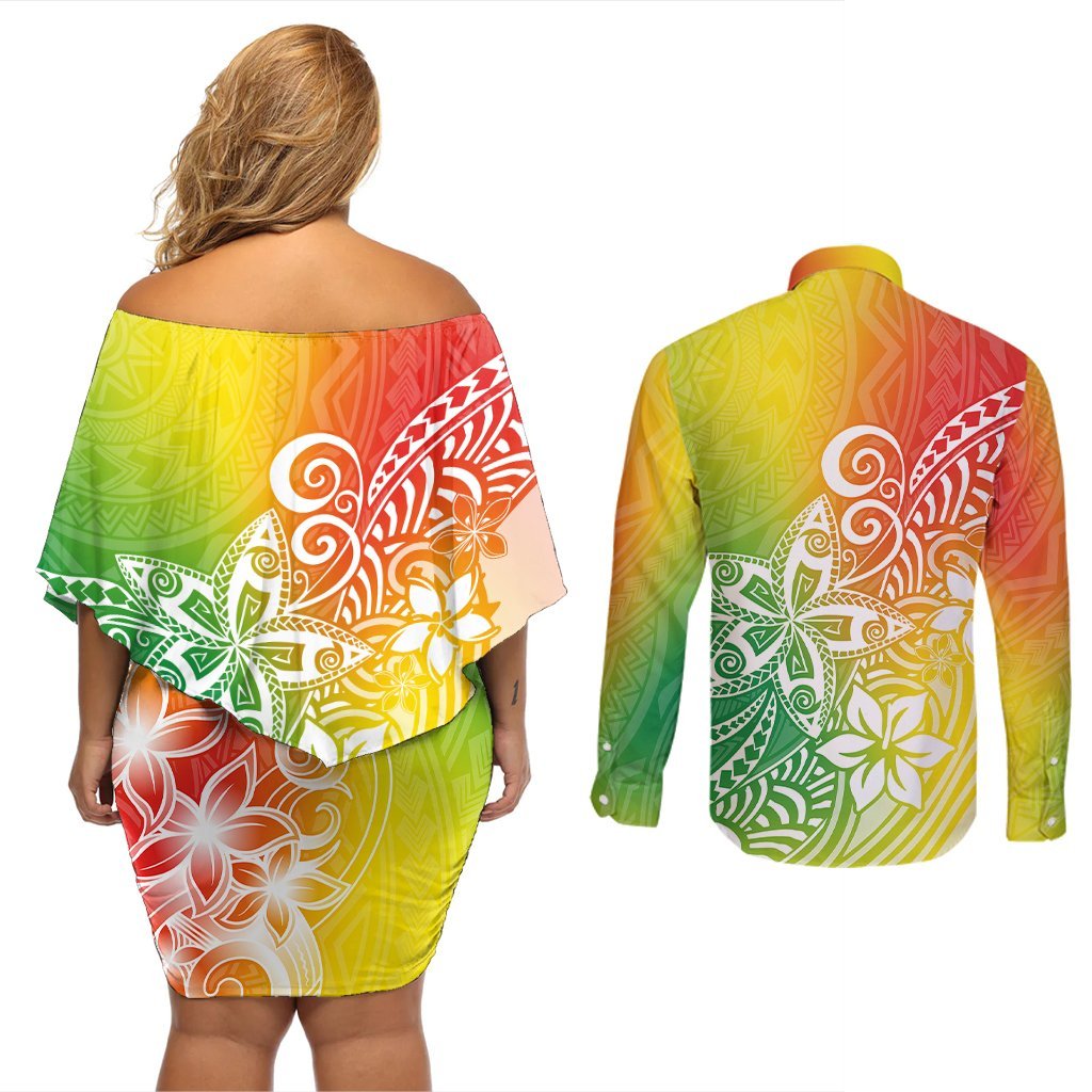 Polynesia Couples Matching Off Shoulder Short Dress and Long Sleeve Button Shirts Plumeria Reggae Curves LT7 - Polynesian Pride